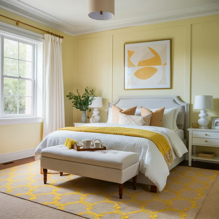 Dormitorio amarillo pastel y blanco