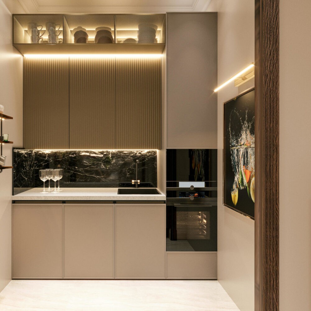 Cocina moderna y pequeña de color greige