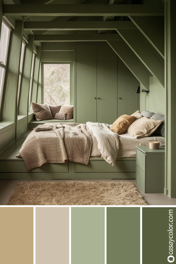 Dormitorio sencillo con paredes de madera pintadas en color verde seco
