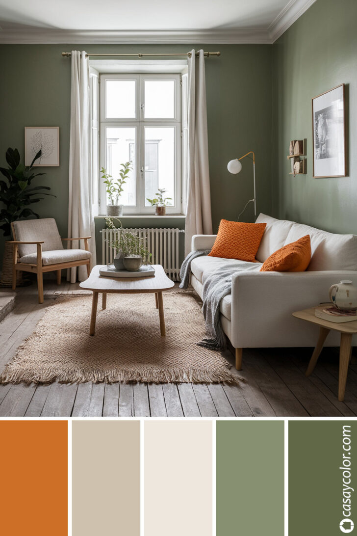 Sala sencilla y acogedora con paredes de color verde seco, paleta de colores