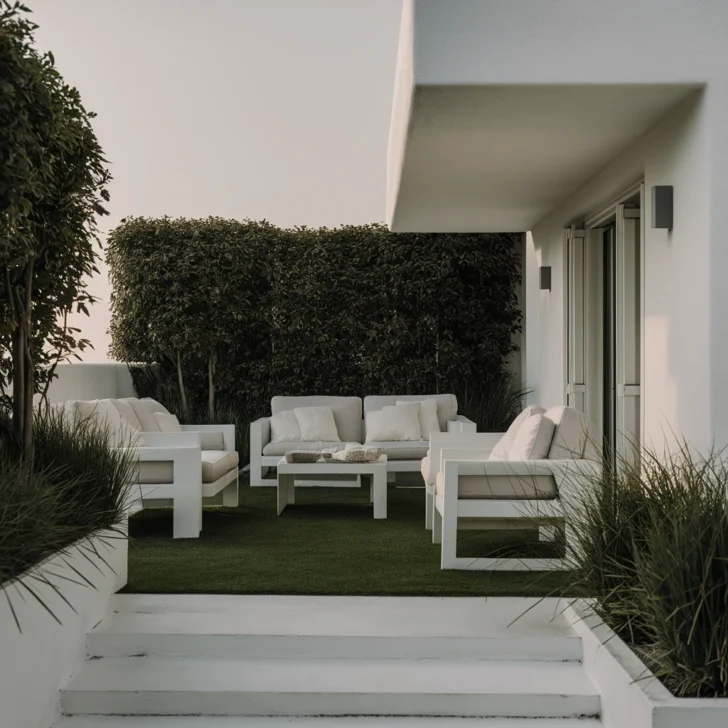 Terraza moderna en color blanco con césped sintético