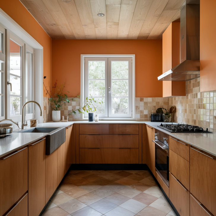 Cocina sencilla con paredes de color calabaza, techo y muebles de madera