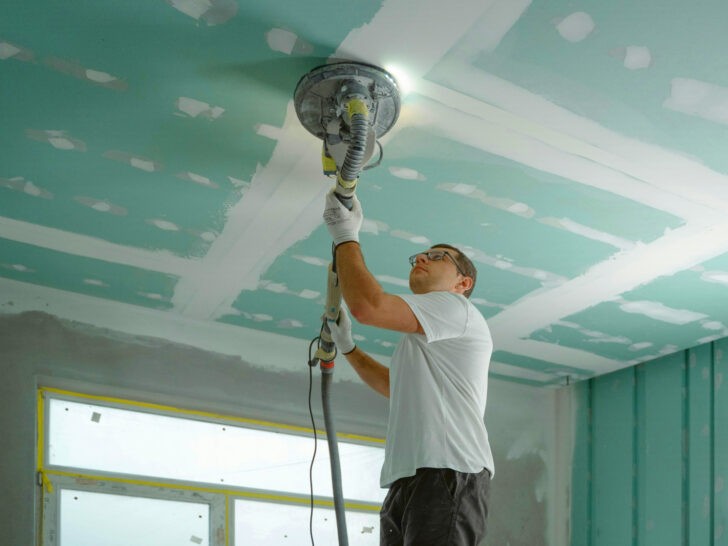 Hombre lijando techo de pladur durante una remodelación integral