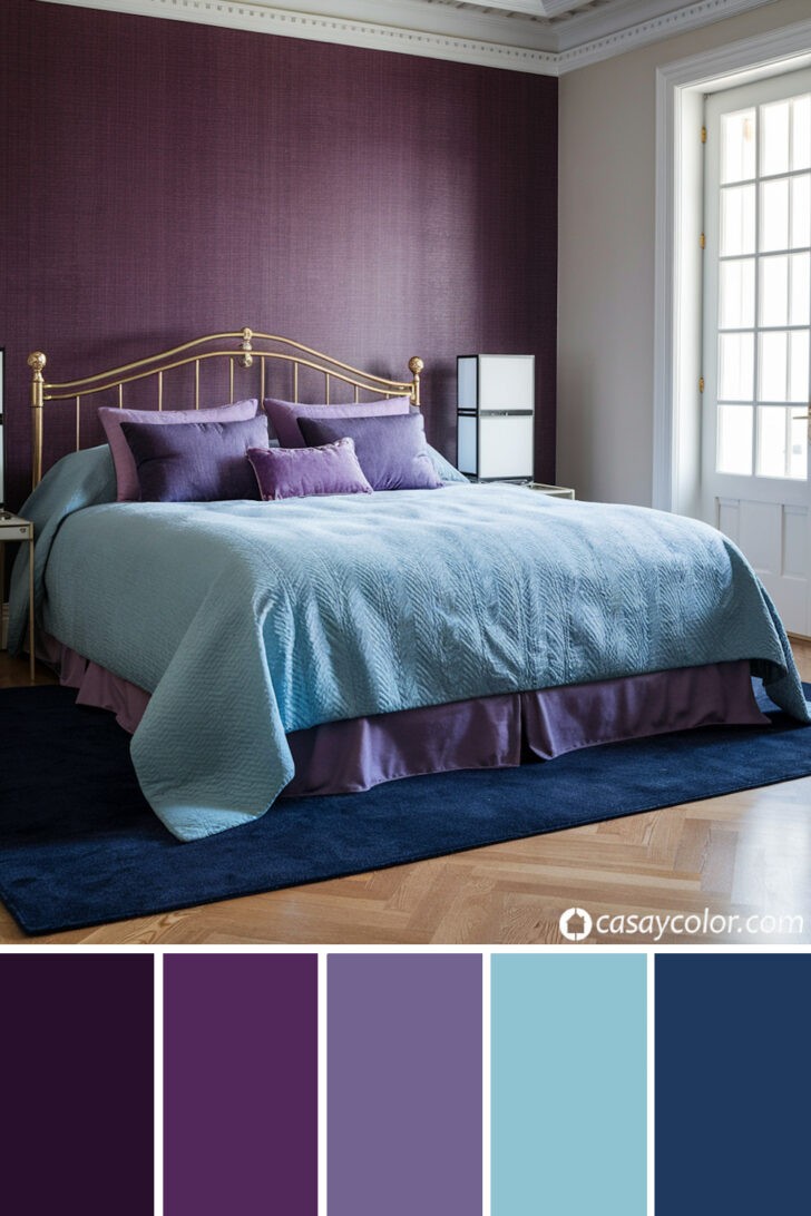 Dormitorio en combinación de colores morado y azul