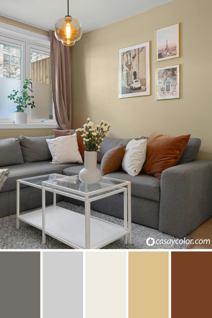 Sala de colores cálidos y gris