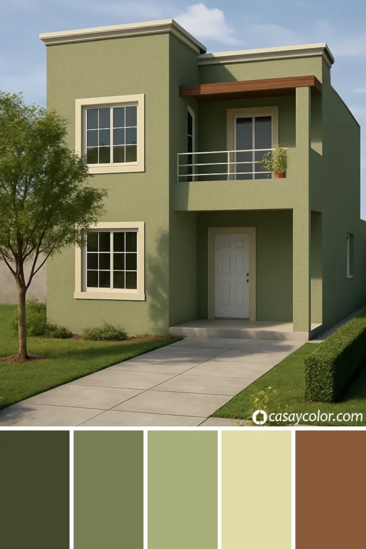 Casa de dos plantas modernas pintada de color verde seco