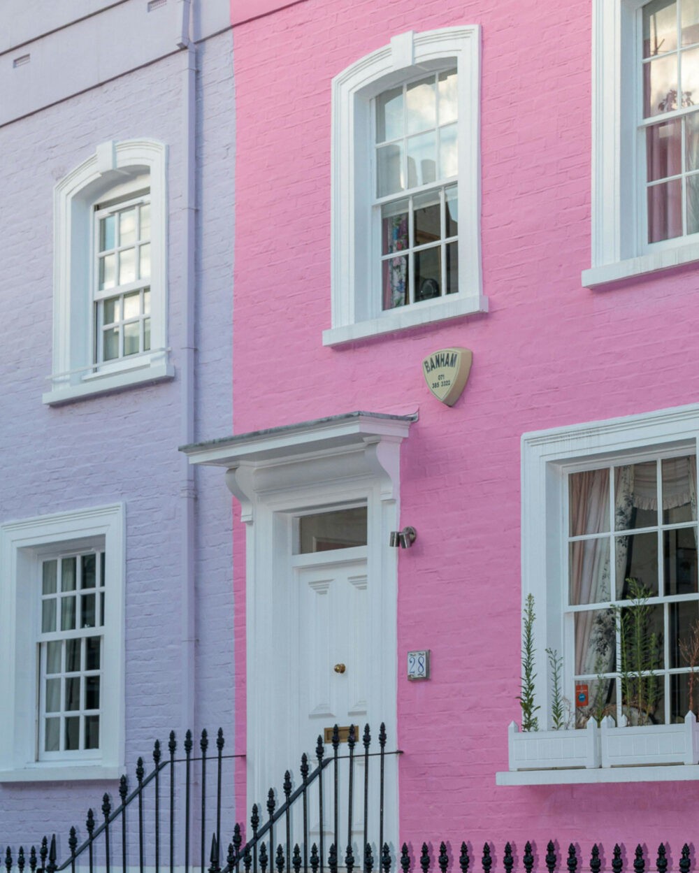 Fahada de casa de dos plantas rosa y blanco
