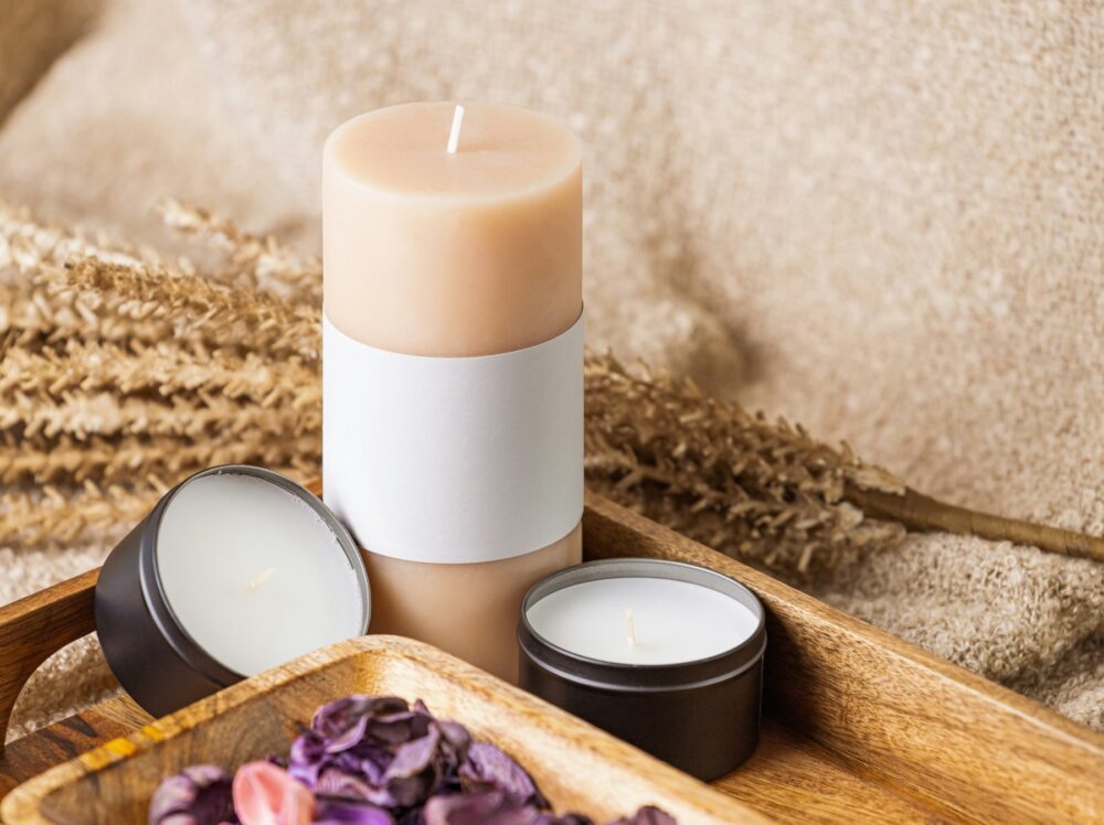 Velas aromáticas en fondo beige