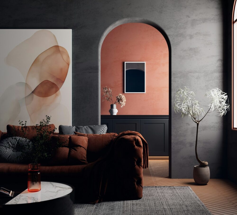 Interior terracota y gris oscuro