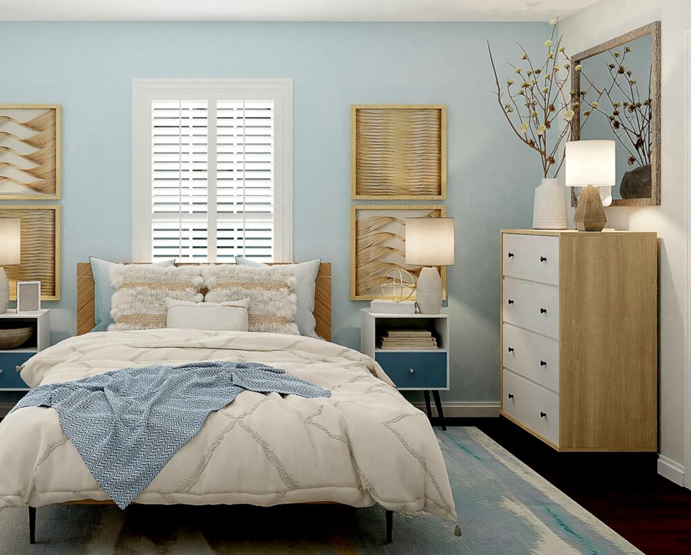 Dormitorio combinado en azul glaciar, blanco roto y maderas claras