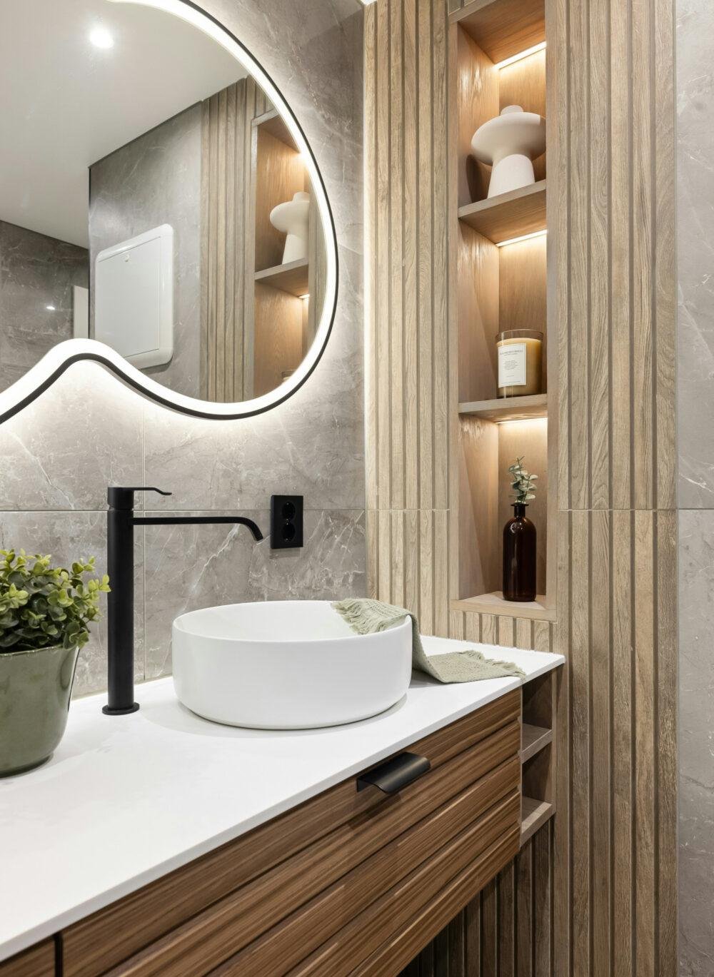 Baño moderno con materiales de inspiración natural