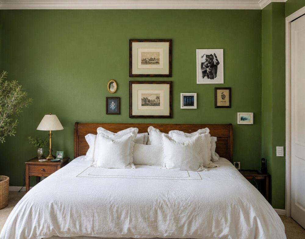 Vista frontal de la cama de un dormitorio con paredes verde oscuro de estilo clásico