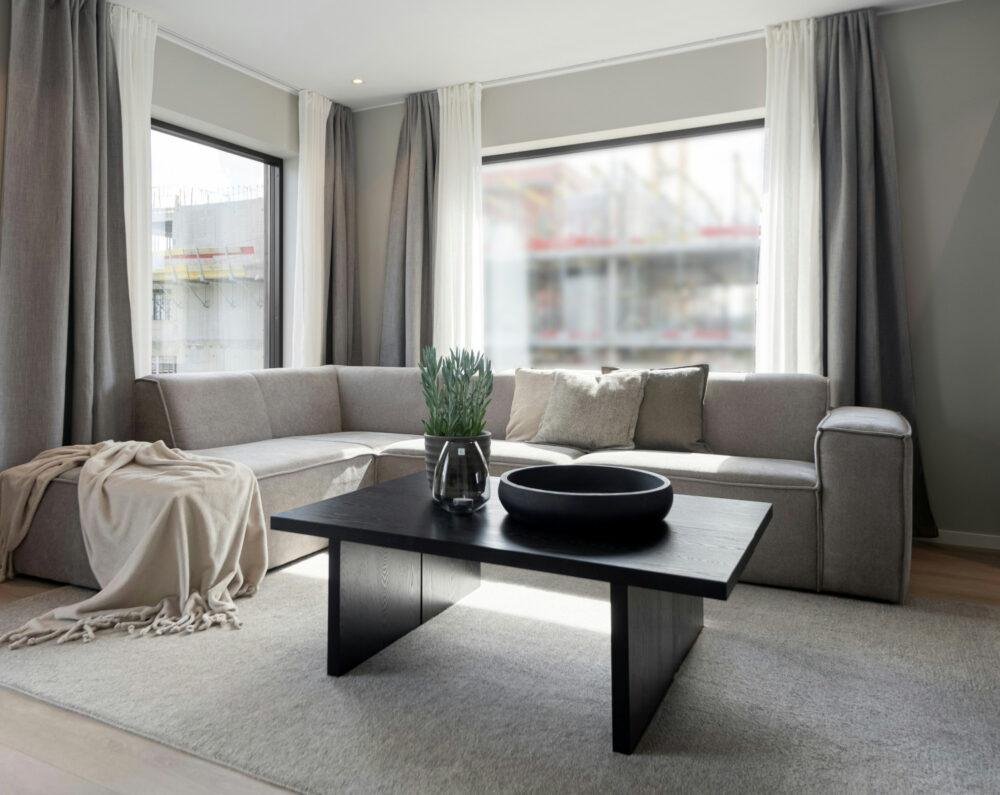 Salón gris claro moderno totalmente decorado en tonos grises con mesa de centro negra