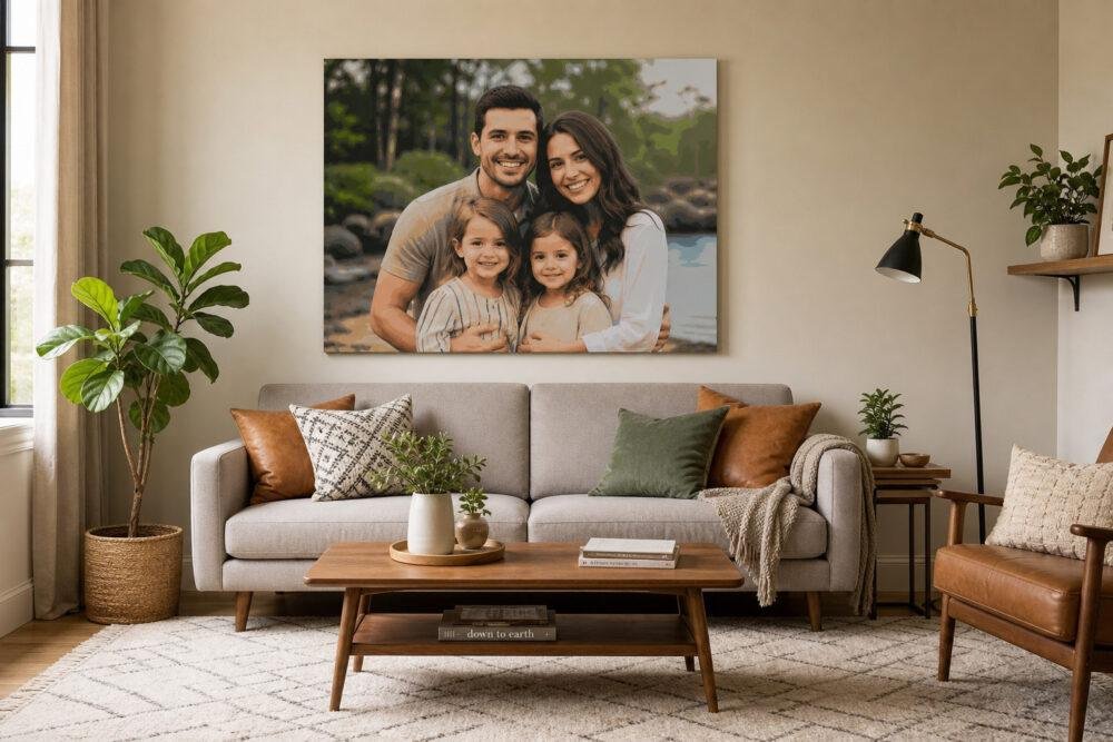Salón en colores neutros con una pintura central de pintar con numeros