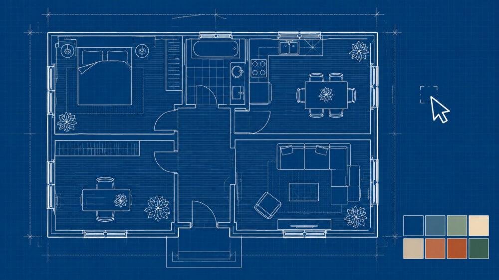 Plano tipo blueprint de una casa con muebles y una paleta de colores para diseño de interiores