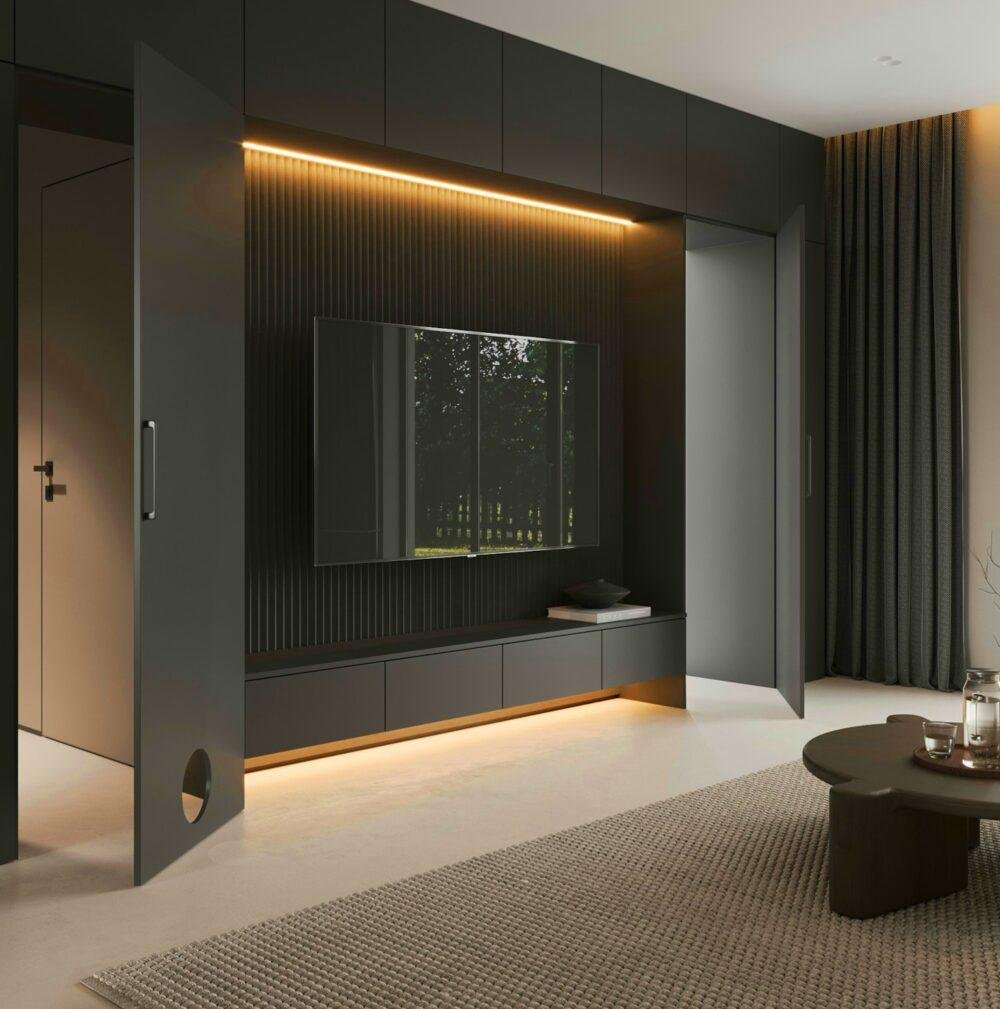 Mueble y pared del salón gris taupe