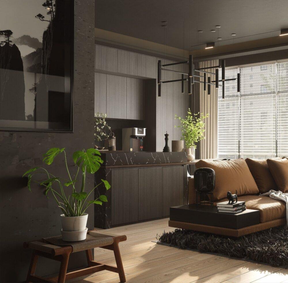 Piso moderno en gris topo, cafés y madera