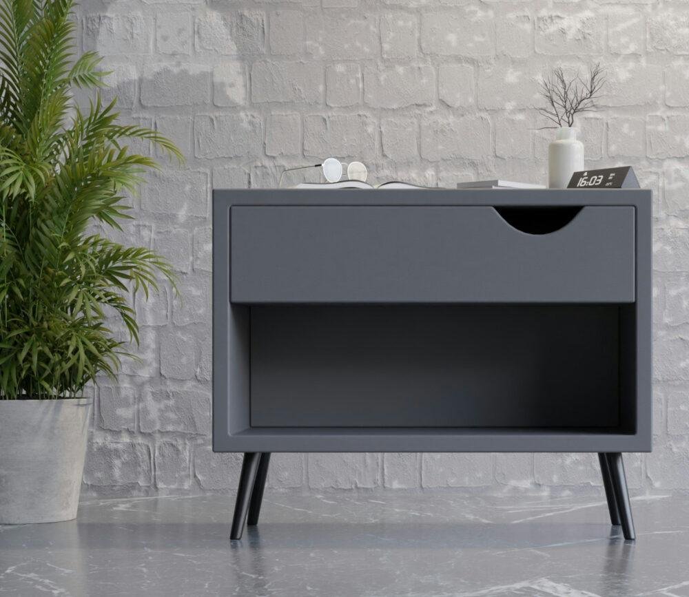 Mueble de color gris humo sobre pared gris ceniza