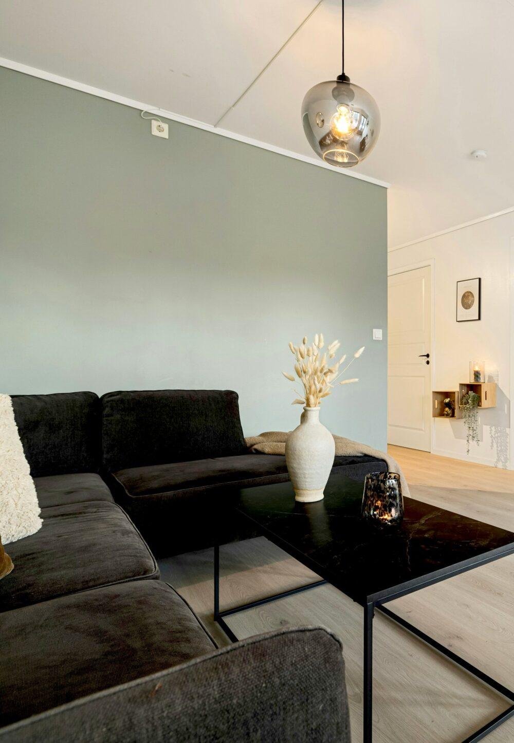 Salón con pared gris verdoso y blanco, con muebles y sofás negros