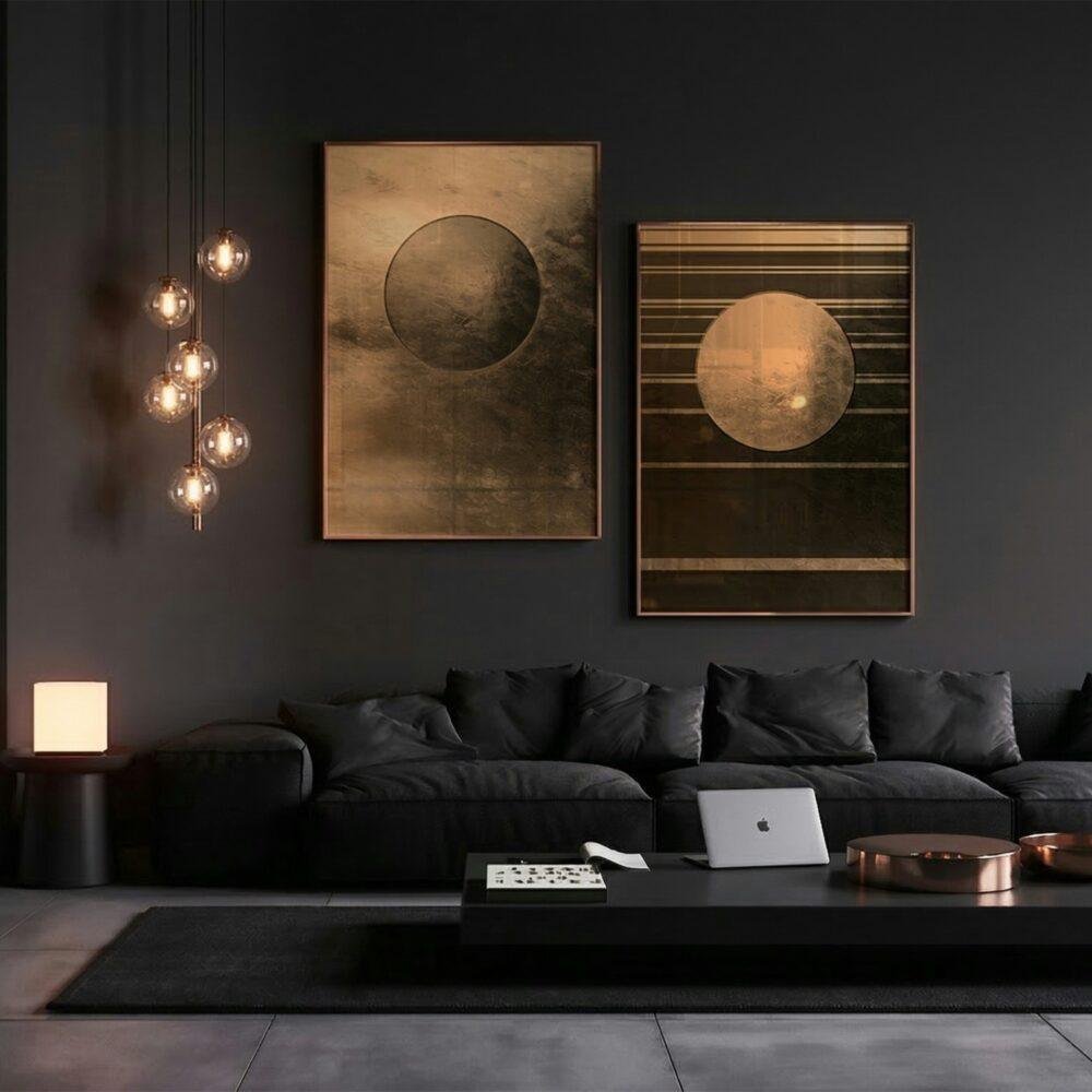 Salón moderno y elegante con paredes en gris oscuro y sofás negros